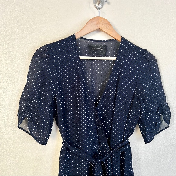 REFORMATION Button Polka Dot Mini Wrap Dress in Navy Blue - Picture 5 of 7